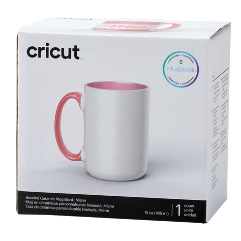 2009394 - Cricut Beveled Ceramic Mug Blank - 15 oz/425 ml; 1 Infusible Ink™ compatible* mug blank 15 oz / 425 ml; Bold pop of color; Smooth, straight pressing area for flawless transfers; Dishwasher & microwave safe; For use with Cricut Mug Press™ & Infusible Ink products (sold separately); Includes 1 ready-to-gift box for any occasion